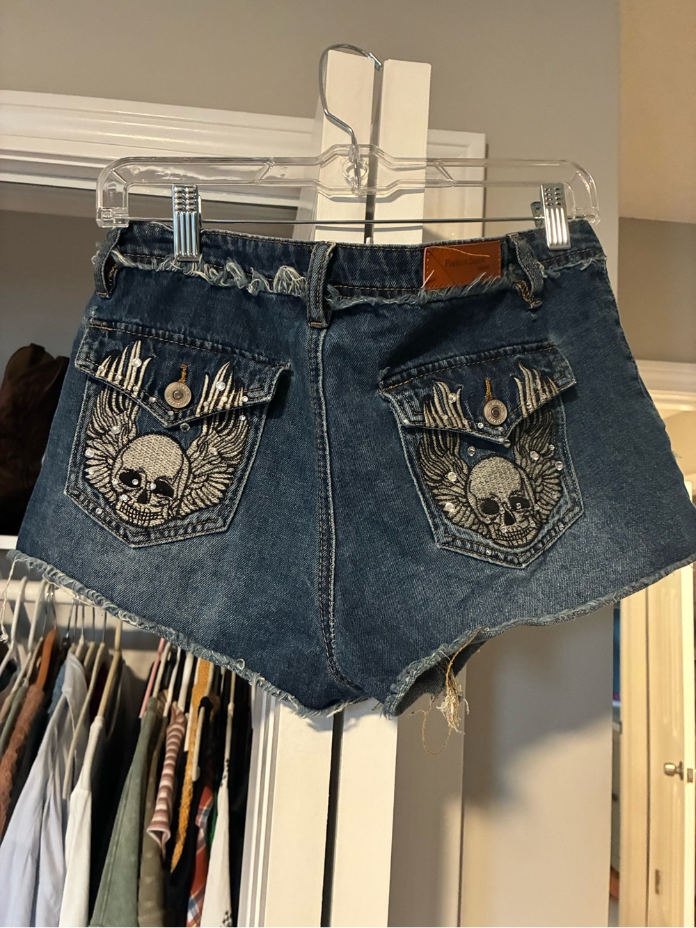 Embroidered Skull Wing Denim Short Shorts - Blue